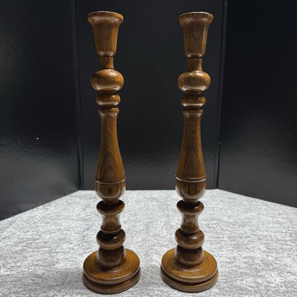 Vintage hand turned wooden Pair of candlesticks 15.5” T Excellent Timeless - Picture 1 of 13